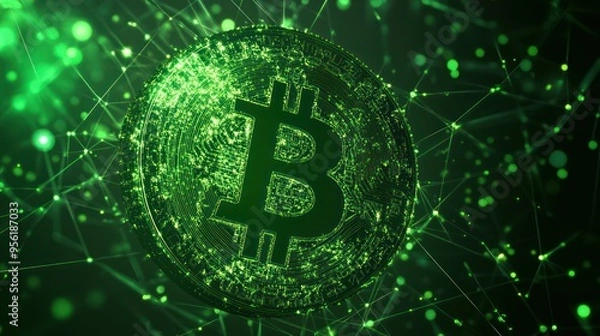 Fototapeta Bitcoin Symbol on Green Network Background