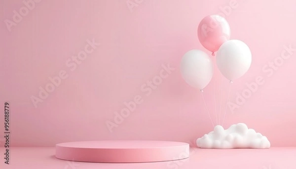 Obraz 3d Mock up Pink pastel podium with soft clouds and balloon elements Pedestal stage for baby product presentation Dreamy scene for advertising Sale promotion background