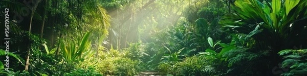 Fototapeta Vibrant rainforest jungle with dense vegetation and diverse flora. Panorama banner background of a tropical forest landscape.