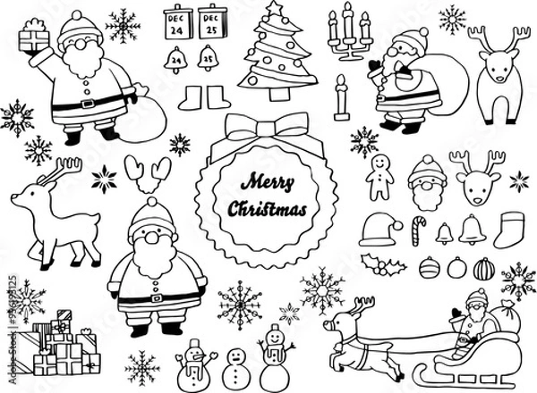 Obraz クリスマスイラストセット白黒