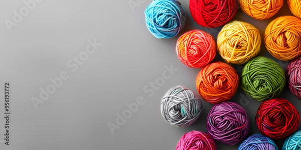 Fototapeta  close-up of several colorful balls on a gray background. The balls are arranged in a row and are colored red, blue, green, yellow, and orange.