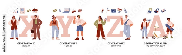 Fototapeta People generations typographic vector set, cartoon human characters and symbols of X, Y millennials, Z alpha development
