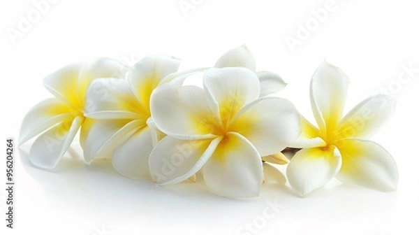 Fototapeta 07231249 554. High-resolution side view of a white and yellow Plumeria bouquet, with a focus on the detailed petals and arrangement, isolated on a pure white background