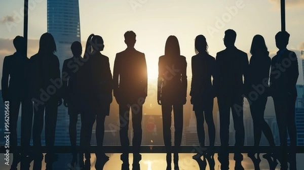 Fototapeta A diverse group of business professionals stand in silhouette, showcasing global collaboration.