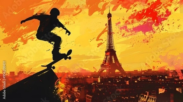 Fototapeta A skateboarder performing tricks, with the Eiffel Tower visible, illustrated in modern vector art.