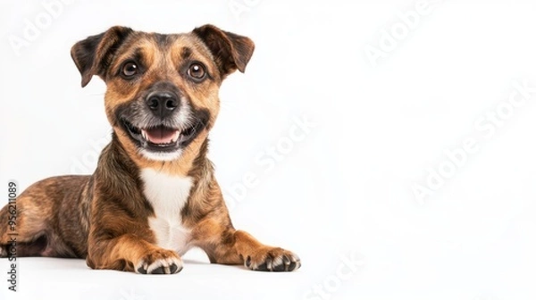 Fototapeta Charming dog in a studio shot with isolated white background emphasizing its playful nature