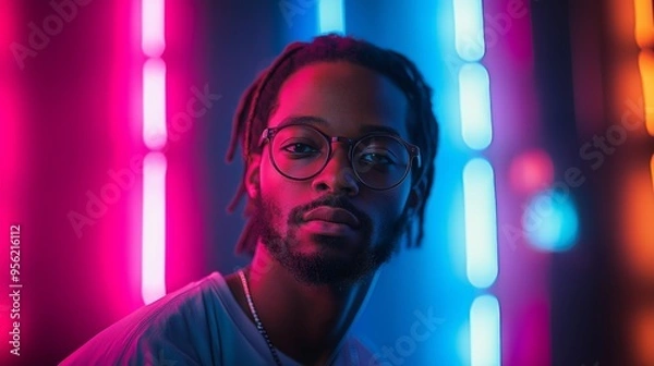 Fototapeta Close-Up of a Young Man with Glasses in Neon Lights, Capturing Futuristic Aesthetic and Urban Nightlife in Vibrant Colors