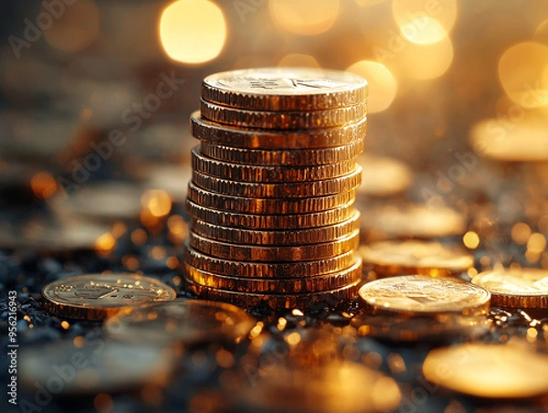 Fototapeta Stack Money Business success growing concept, bokeh background, warm tone.