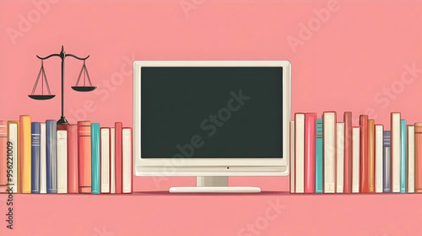 Fototapeta Law Books Computer Monitor Justice Scale