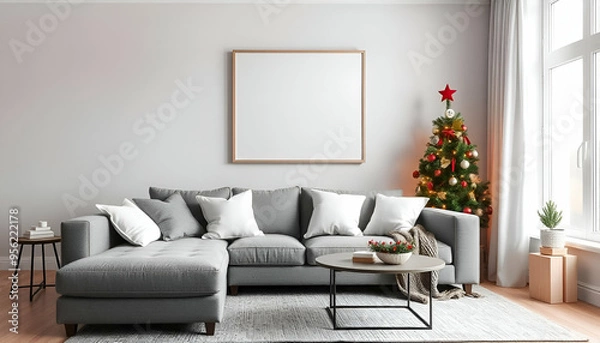 Fototapeta The living room is decorated for Christmas and has a gray sofa, white throw pillows, and a white blank frame on the wall.