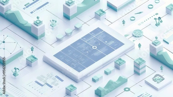 Fototapeta An isometric view of a financial report presentation with complex flowcharts and data matrices, rendered in subtle shades of blue and green, isolated on a white background for clarity.