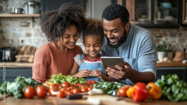 Obraz Family members organizing a shared meal plan on a tablet, ensuring dietary preferences and health needs are met efficiently.