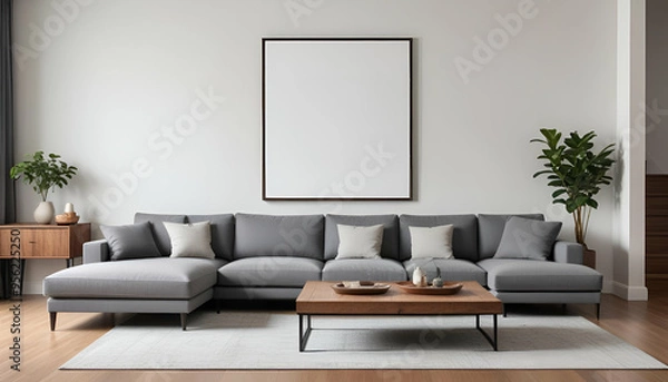 Fototapeta A living room with a gray sofa, white throw pillows, and a white blank framed on the wall
