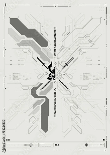 Fototapeta Tech Abstract poster template with HUD elements. cyber culture, Modern flyer for web and print. hacking, Cyberpunk futuristic samurai poster. programming and virtual environments.
