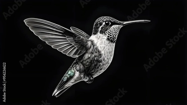 Fototapeta hummingbird in mid-flight, showcasing its intricate feather patterns and graceful movement sketch engraving generative ai vector illustration. Scratch board imitation. Black and white image.

