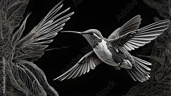Fototapeta hummingbird in mid-flight, showcasing its intricate feather patterns and graceful movement sketch engraving generative ai vector illustration. Scratch board imitation. Black and white image.
