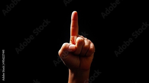 Fototapeta A hand with a raised finger against a dark background, symbolizing importance, attention, or a call to listen. High Quality.
