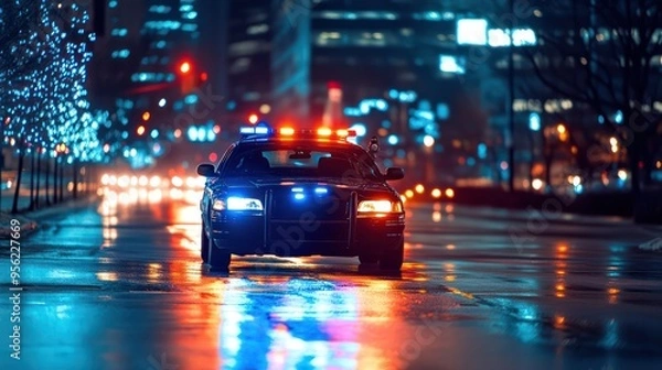 Obraz Officer responding to an emergency call, swiftly navigating city streets with lights flashing, showcasing urgency and readiness.