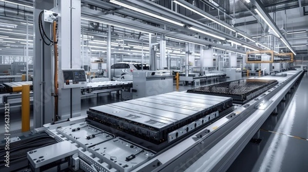 Fototapeta A modern assembly line where battery cells for electric vehicles are being cooled and conditioned post-assembly, featuring state-of-the-art cooling systems.
