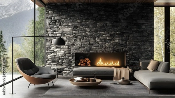 Fototapeta Sofa and chair by fireplace in wild stone cladding wall. Mid-century home interior design of modern living room