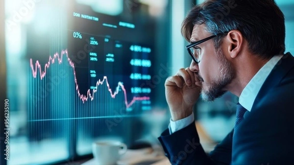 Fototapeta Businessman observing a falling interest rate graph with concern, economic downturn visualization