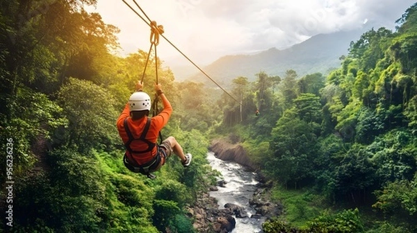 Fototapeta Tourists engaging in adventure activities like zip-lining through a rainforest, mountain climbing, or white-water rafting