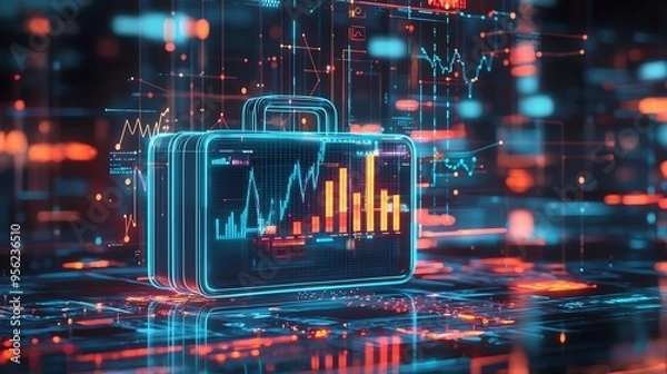 Fototapeta Futuristic financial suitcase with neon graphs and charts on a digital interface, representing technology and data analysis in finance.