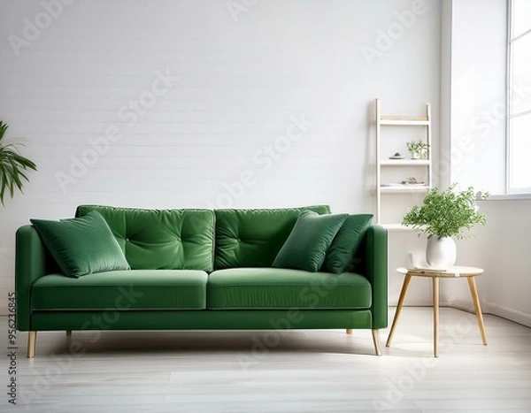 Fototapeta White room with green sofa. Scandinavian interior design. 3D illustration