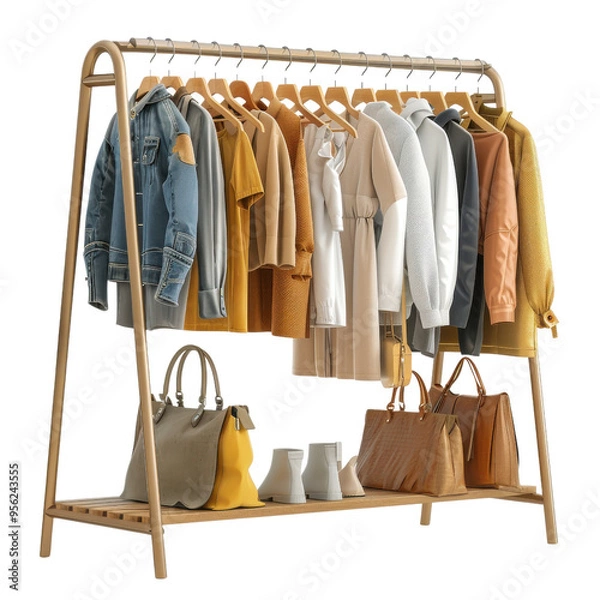 Fototapeta Stylish clothing rack displaying a variety of trendy outfits and accessories, perfect for fashion showcases and retail settings.