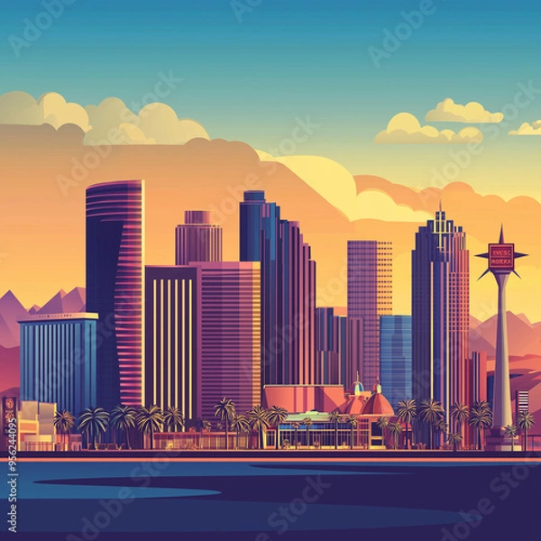 Fototapeta Stylized vector graphic of the Las Vegas skyline featuring casinos and skyscrapers