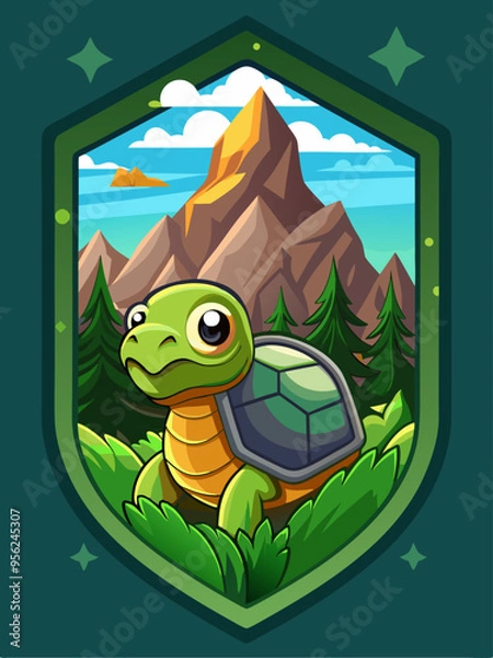 Fototapeta Cartoon Turtle in Mountainous Landscape with Shield Border
