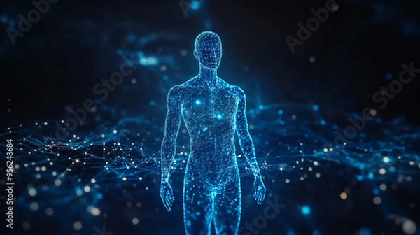 Fototapeta Wireframe human figure standing against blue digital background. Generative AI