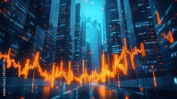 Fototapeta City Skyscrapers with Digital Market Indicators. Abstract cityscape with skyscrapers and glowing orange digital market indicators, illustrating financial growth and urban development.