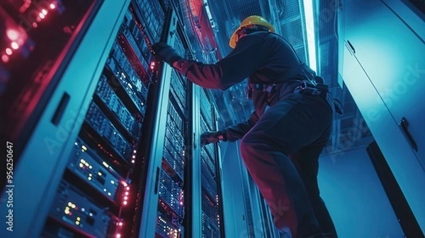 Fototapeta A technician working on server equipment in a high-tech data center, illuminated by vibrant blue and red lights.