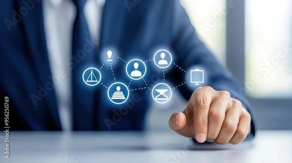 Fototapeta Professional Businessman Interacting with Digital Legal and Skill Icons on Virtual Interface with Conceptual Empty Space for Text.