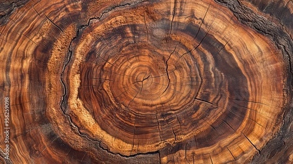 Obraz Isolated cross-section of a tree trunk showcases the intricate patterns of its annual rings. The wooden stump's sliced surface reveals a textured landscape of rings and cracks