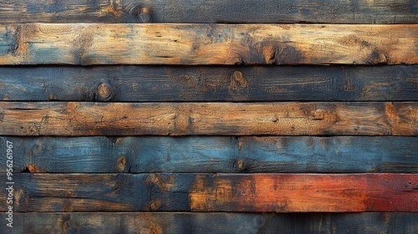 Obraz Rustic Wooden Texture: A captivating backdrop of weathered wood planks, showcasing a rich tapestry of colors, textures, and imperfections. A perfect canvas for rustic designs and vintage aesthetics. 