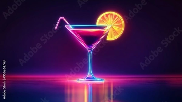 Fototapeta Neon cocktail icon illuminating a light backdrop, perfect for festive occasions. Decorate your party with this vibrant vector illustration. 