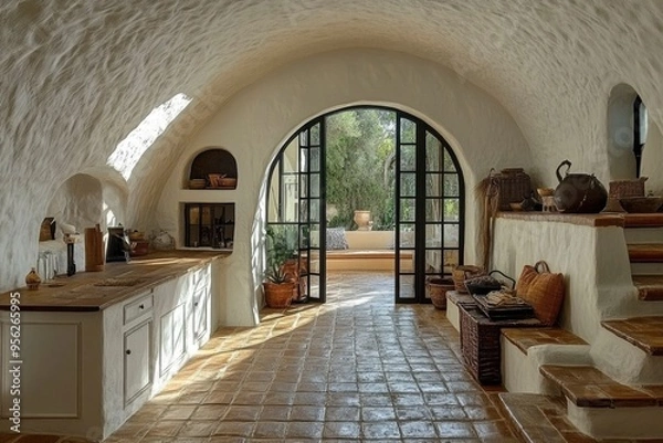 Fototapeta Rustic Kitchen with Arched Ceiling and Patio View