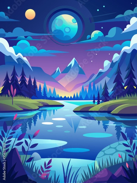 Fototapeta Serene Nighttime Landscape with Mountains and a Reflective Lake