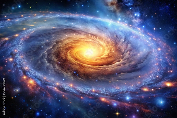 Fototapeta Vibrant Spiral Galaxy in Deep Space with Blue and Orange Nebula