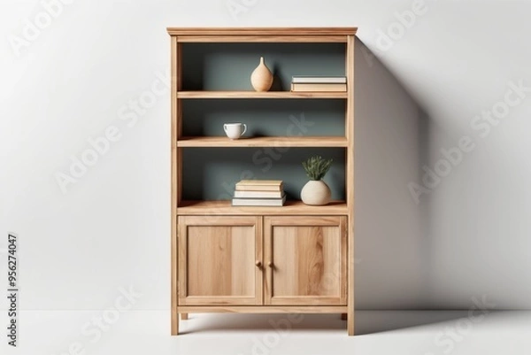 Fototapeta 3D render of a bookshelf in a white room with a wooden design featuring empty storage spaces and a door, creating a cozy home interior atmosphere