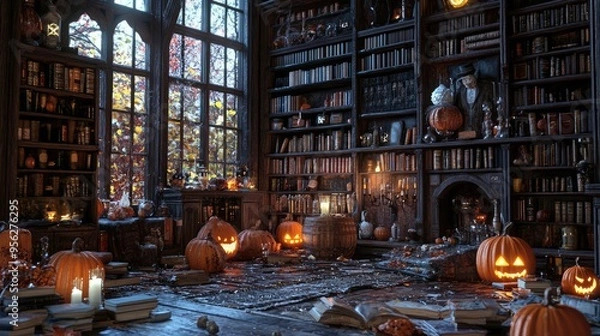Fototapeta The Wizard's Room with Library, Old Books, Pumpkins, Potions, and Scary Things, 3D Render Illustration. AI generated illustration.