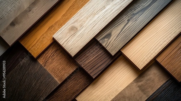 Obraz Various Wood Floor Samples Showcasing Different Textures and Finishes in a Variety of Natural Tones for Interior Design Inspiration