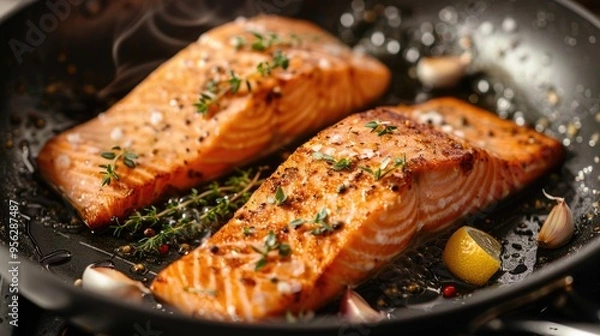 Obraz Two slices of fresh salmon fillet with a crispy fried skin in a black pan with garlic thyme and lemon on the stove cooking a delicious seafood meal selected focus narrow depth of field
