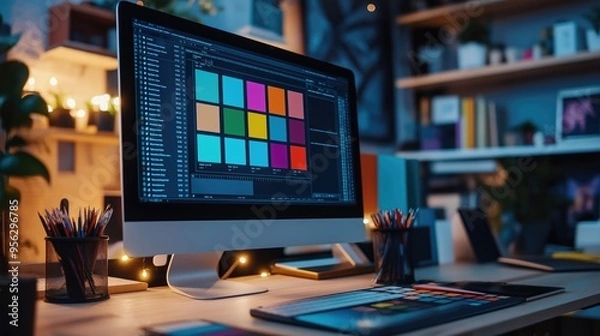 Fototapeta Designers workspace with computer monitor and color swatches on graphic tablet screen