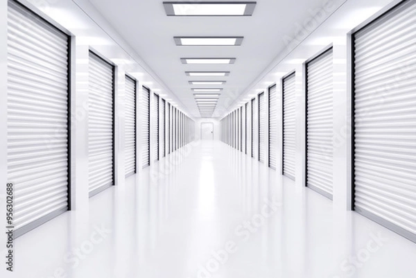 Obraz A modern storage facility corridor featuring white walls, smooth floors, and closed shutter doors in a bright environment.