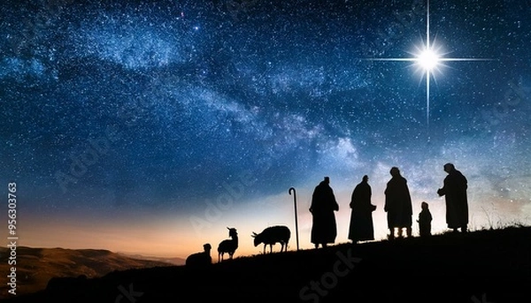 Fototapeta Shepherds in Awe
A quiet hillside outside Bethlehem where shepherds stand in humble adoration, looking up at the star of Bethlehem.