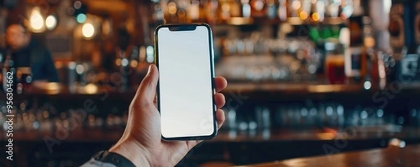 Obraz hand holding a smartphone with a blank screen in a lively bar with colorful shelves of bottles in the background