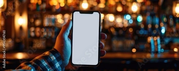 Fototapeta hand holding a smartphone with a blank screen in a lively bar with colorful shelves of bottles in the background